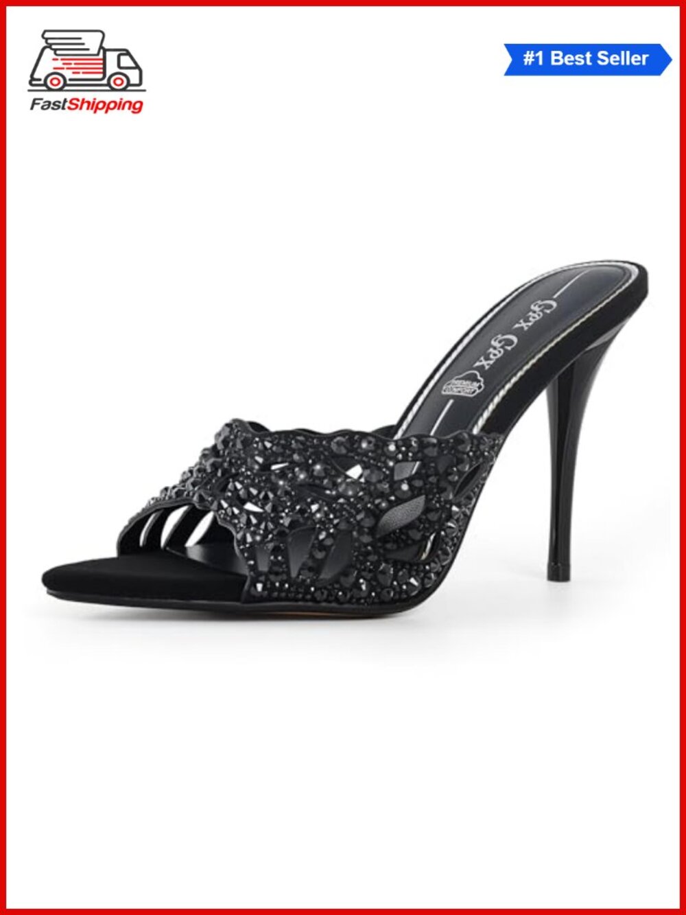 Women Stiletto Mules High Heel Rhinestone Cutout Open Pointed Toe Slip On Faux